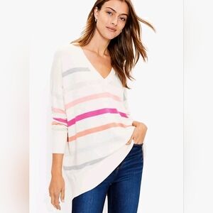 LOFT Beige Striped V-Neck Oversized Sweater, Size Large
